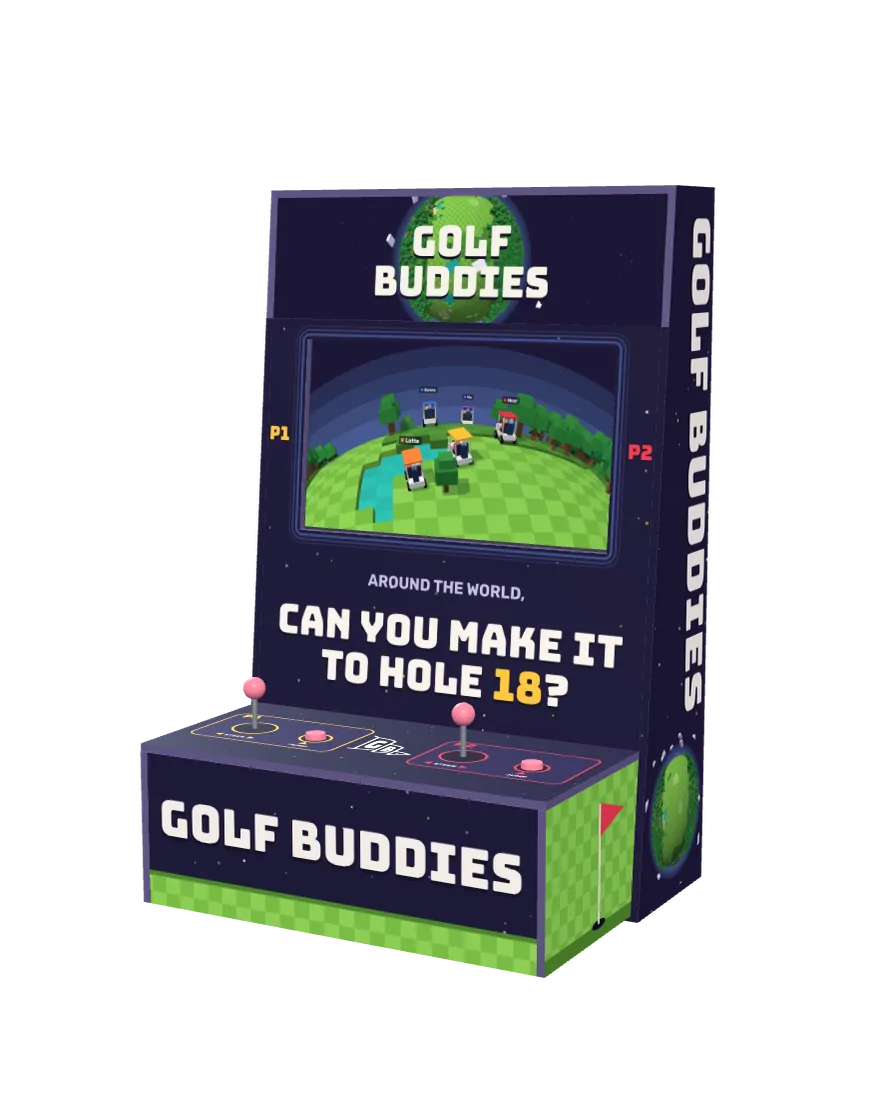 De hangkast met Golf Buddies-stickers, twee joysticks en het spel op het scherm